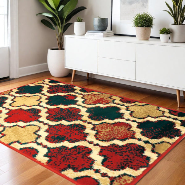 HomeRoots 8' Quatrefoil Distressed Area Rug in Blue and Red - Stylish, Durable, and Perfect for Any Room Decor 8' X 10' 487240