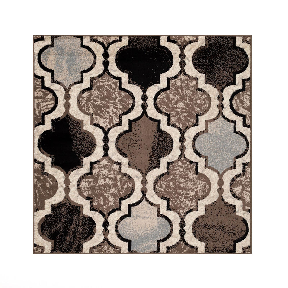 Homeroots 8' Square Ivory Square Quatrefoil Power Loom Distressed Stain Resistant Area Rug  Polypropylene 487242