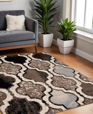 HomeRoots 7' Distressed Quatrefoil Area Rug in Ivory, Brown, and Black - Stylish, Durable, and Pet-Friendly Decor 8' Square 487242