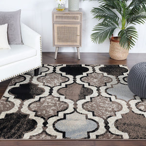 HomeRoots 7' Distressed Quatrefoil Area Rug in Ivory, Brown, and Black - Stylish, Durable, and Pet-Friendly Decor 8' Square 487242