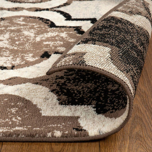 HomeRoots 7' Distressed Quatrefoil Area Rug in Ivory, Brown, and Black - Stylish, Durable, and Pet-Friendly Decor 8' Square 487242