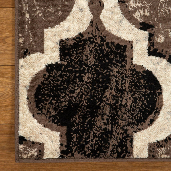 HomeRoots 7' Distressed Quatrefoil Area Rug in Ivory, Brown, and Black - Stylish, Durable, and Pet-Friendly Decor 8' Square 487242