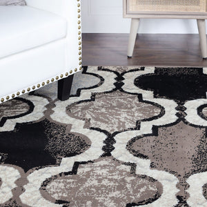 HomeRoots 7' Distressed Quatrefoil Area Rug in Ivory, Brown, and Black - Stylish, Durable, and Pet-Friendly Decor 8' Square 487242