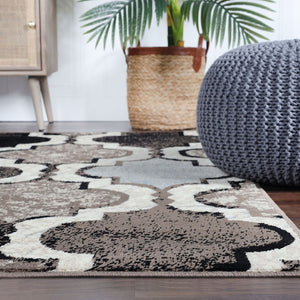 HomeRoots 7' Distressed Quatrefoil Area Rug in Ivory, Brown, and Black - Stylish, Durable, and Pet-Friendly Decor 8' Square 487242