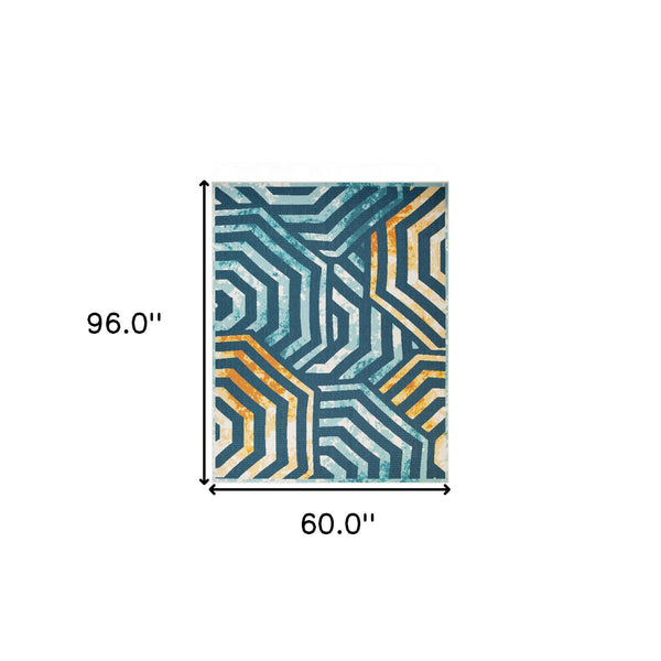 Homeroots 5' X 8' Navy Blue- Cream Geometric Stain Resistant Indoor Outdoor Area Rug  Polypropylene 487246