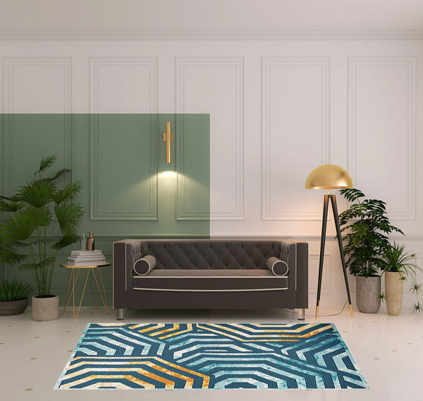 Homeroots 5' X 8' Navy Blue- Cream Geometric Stain Resistant Indoor Outdoor Area Rug  Polypropylene 487246