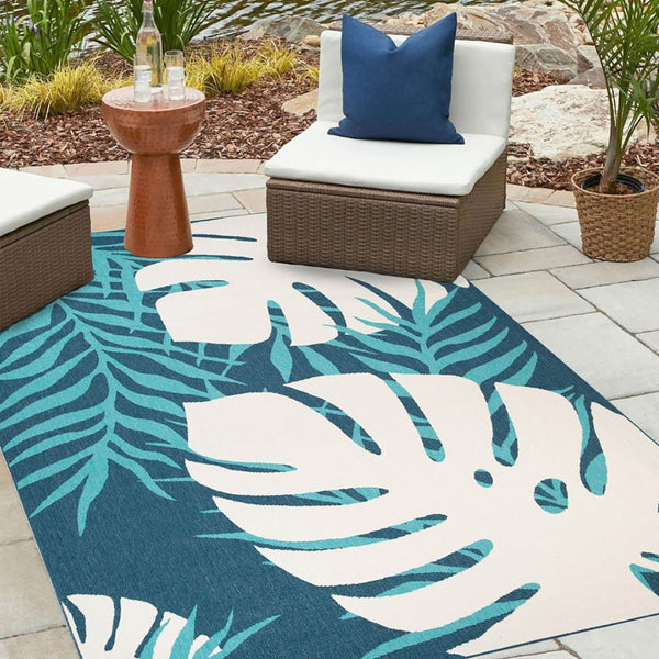 HomeRoots 8' X 10' Stain-Resistant Blue Green Cream Geometric Area Rug for Indoor & Outdoor Spaces 487250