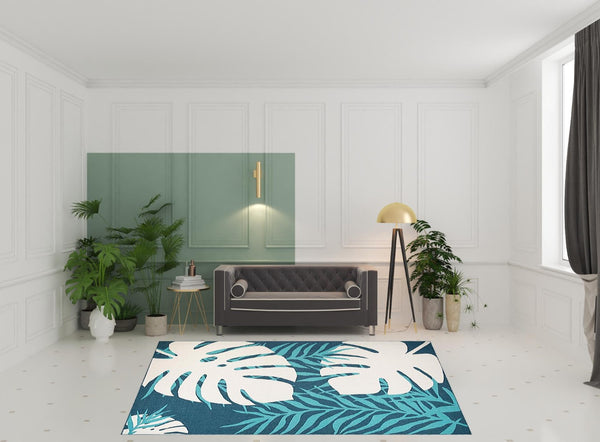 HomeRoots 8' X 10' Stain-Resistant Blue Green Cream Geometric Area Rug for Indoor & Outdoor Spaces 487250