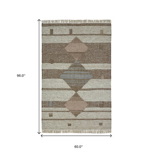 Homeroots 5' X 8' Gray Geometric Flatweave Handmade Area Rug With Fringe  Wool,Cotton 487265