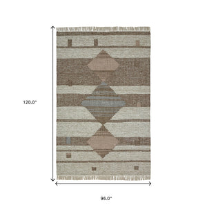 Homeroots 8' X 10' Grey Geometric Flatweave Handmade Stain Resistant Area Rug With Fringe  Wool,Cotton 487268
