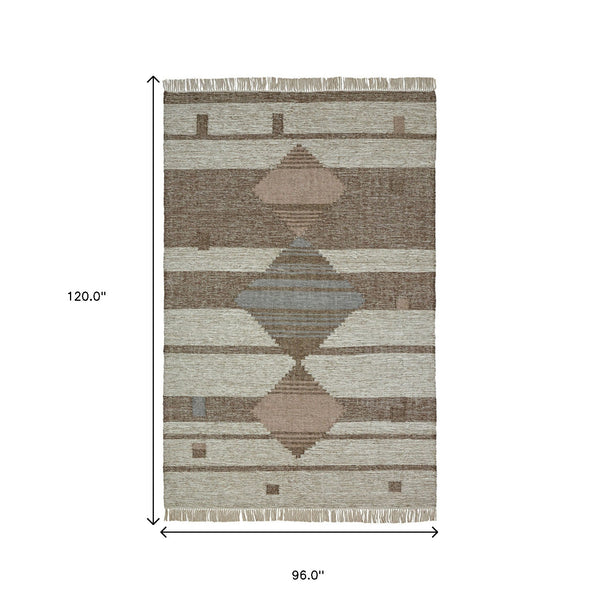 Homeroots 8' X 10' Grey Geometric Flatweave Handmade Stain Resistant Area Rug With Fringe  Wool,Cotton 487268