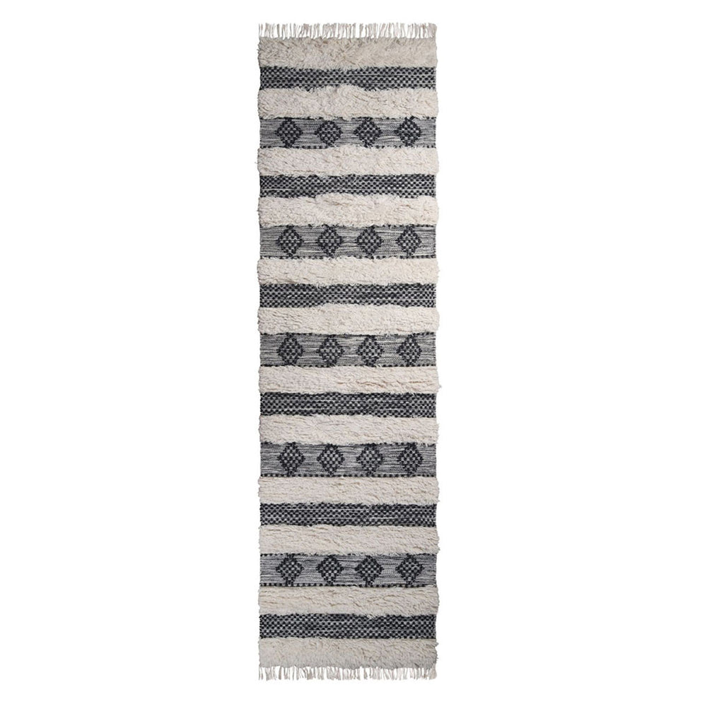 Homeroots 10' Black And Ivory Wool Striped Flatweave Handmade Stain Resistant Runner Rug With Fringe  Wool 487271