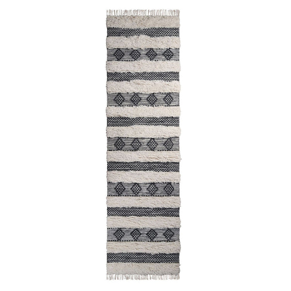 Homeroots 10' Black And Ivory Wool Striped Flatweave Handmade Stain Resistant Runner Rug With Fringe  Wool 487271