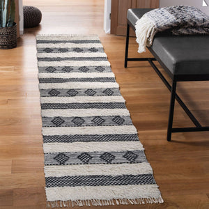 Homeroots 10' Black And Ivory Wool Striped Flatweave Handmade Stain Resistant Runner Rug With Fringe  Wool 487271
