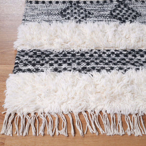 Homeroots 10' Black And Ivory Wool Striped Flatweave Handmade Stain Resistant Runner Rug With Fringe  Wool 487271