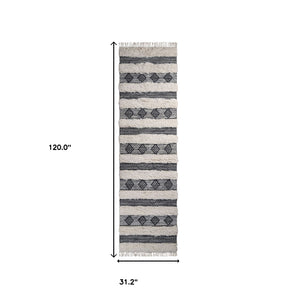 Homeroots 10' Black And Ivory Wool Striped Flatweave Handmade Stain Resistant Runner Rug With Fringe  Wool 487271