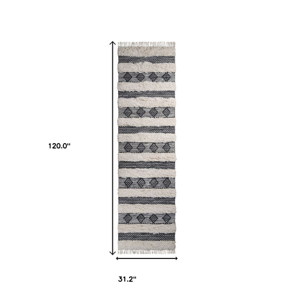 Homeroots 10' Black And Ivory Wool Striped Flatweave Handmade Stain Resistant Runner Rug With Fringe  Wool 487271