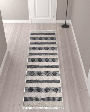 Homeroots 10' Black And Ivory Wool Striped Flatweave Handmade Stain Resistant Runner Rug With Fringe  Wool 487271