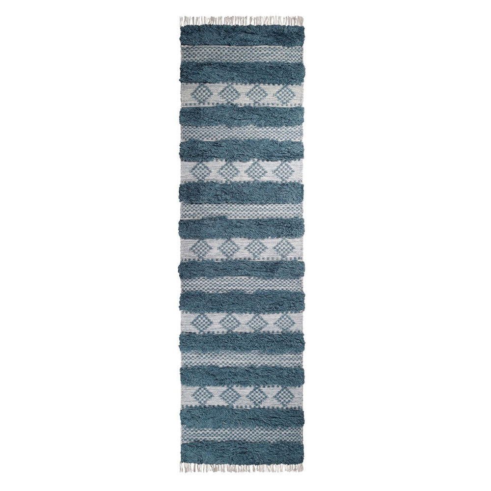 Homeroots 10' Blue And Ivory Wool Striped Flatweave Handmade Stain Resistant Runner Rug With Fringe  Wool 487272