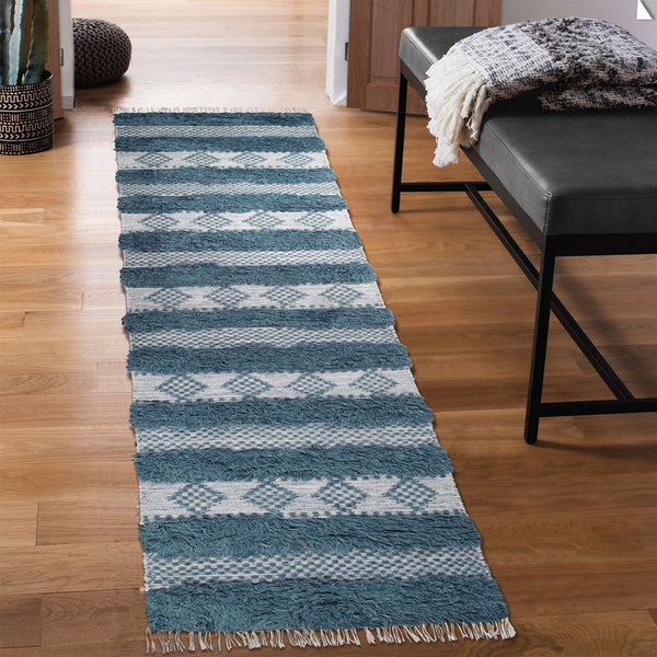 Homeroots 10' Blue And Ivory Wool Striped Flatweave Handmade Stain Resistant Runner Rug With Fringe  Wool 487272