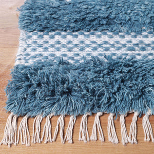 Homeroots 10' Blue And Ivory Wool Striped Flatweave Handmade Stain Resistant Runner Rug With Fringe  Wool 487272