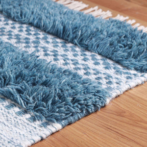 Homeroots 10' Blue And Ivory Wool Striped Flatweave Handmade Stain Resistant Runner Rug With Fringe  Wool 487272