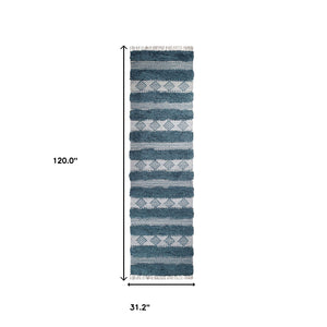 Homeroots 10' Blue And Ivory Wool Striped Flatweave Handmade Stain Resistant Runner Rug With Fringe  Wool 487272
