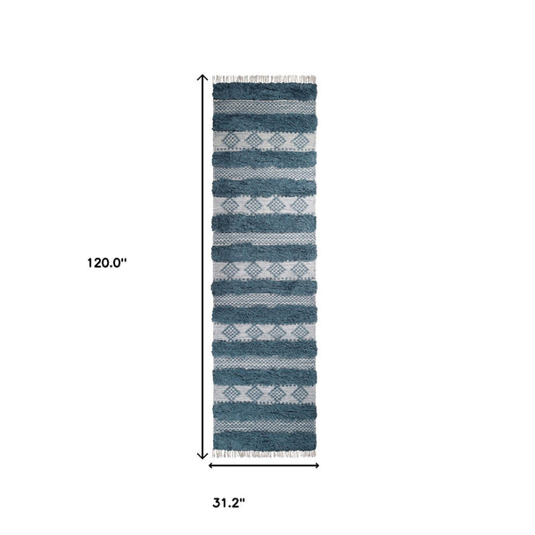 Homeroots 10' Blue And Ivory Wool Striped Flatweave Handmade Stain Resistant Runner Rug With Fringe  Wool 487272