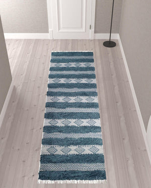 Homeroots 10' Blue And Ivory Wool Striped Flatweave Handmade Stain Resistant Runner Rug With Fringe  Wool 487272