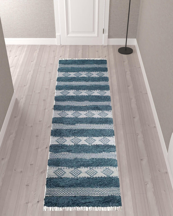 Homeroots 10' Blue And Ivory Wool Striped Flatweave Handmade Stain Resistant Runner Rug With Fringe  Wool 487272