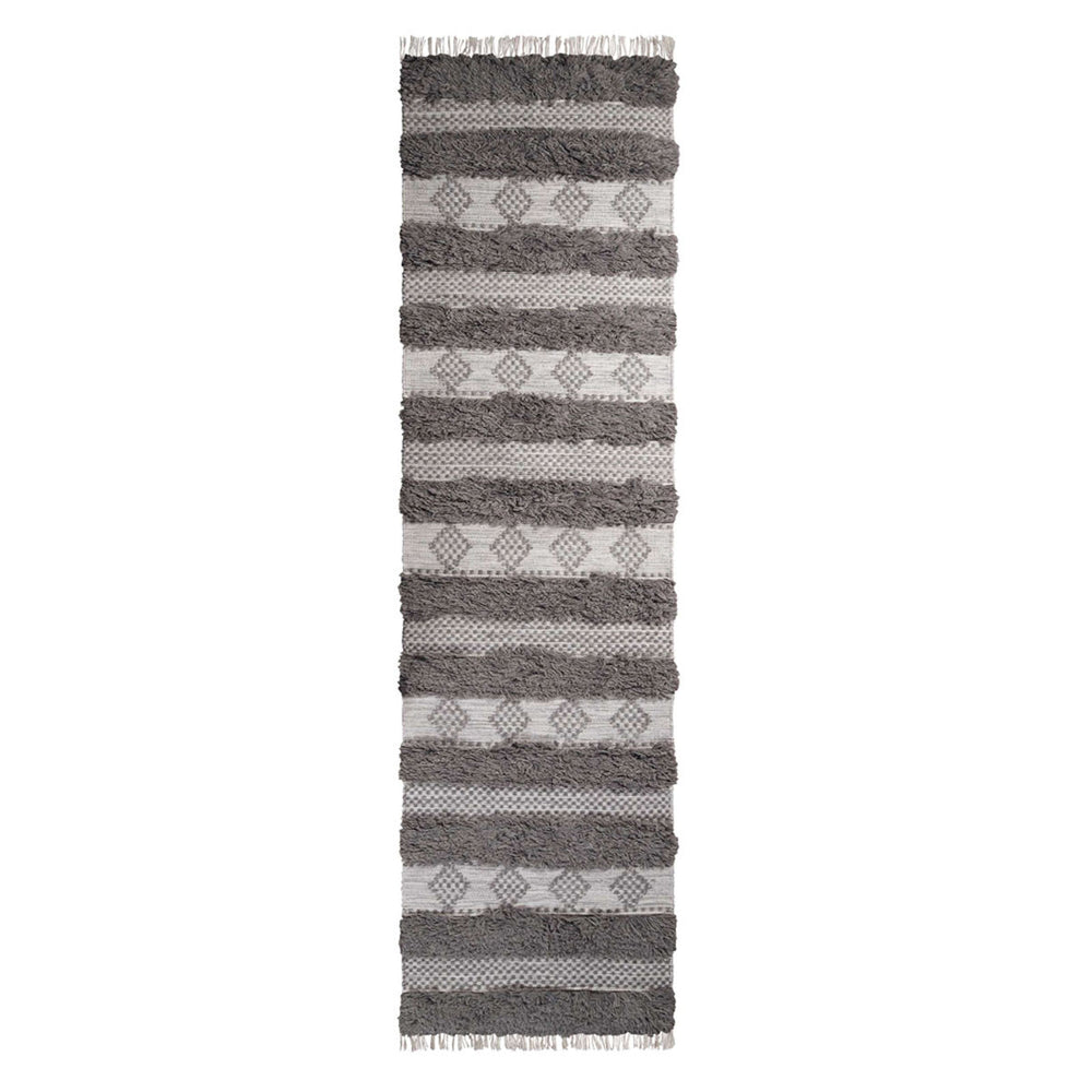 Homeroots 10' Grey And Silver Wool Striped Flatweave Handmade Stain Resistant Runner Rug With Fringe  Wool 487273