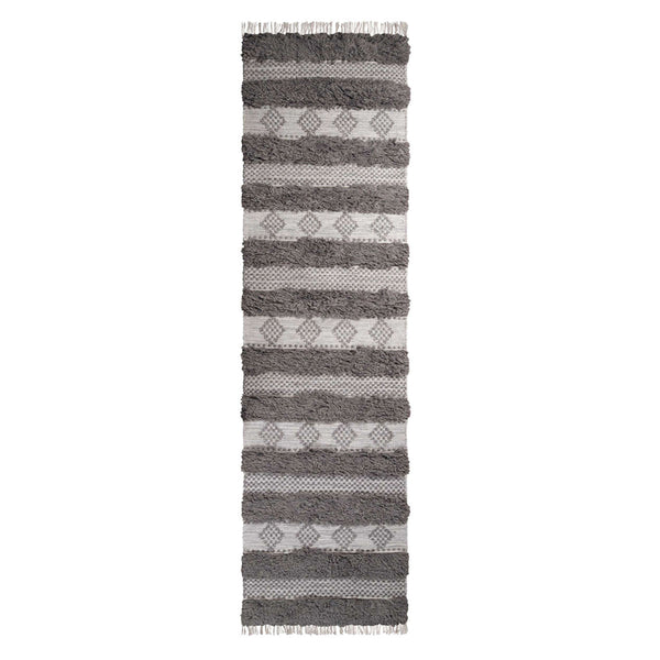 Homeroots 10' Grey And Silver Wool Striped Flatweave Handmade Stain Resistant Runner Rug With Fringe  Wool 487273