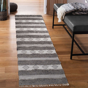 Homeroots 10' Grey And Silver Wool Striped Flatweave Handmade Stain Resistant Runner Rug With Fringe  Wool 487273