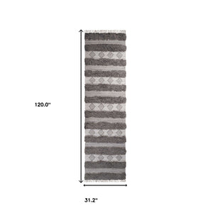 Homeroots 10' Grey And Silver Wool Striped Flatweave Handmade Stain Resistant Runner Rug With Fringe  Wool 487273