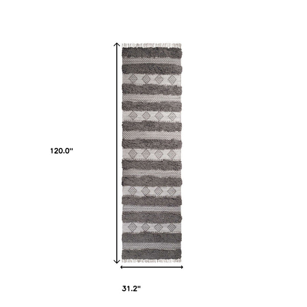 Homeroots 10' Grey And Silver Wool Striped Flatweave Handmade Stain Resistant Runner Rug With Fringe  Wool 487273