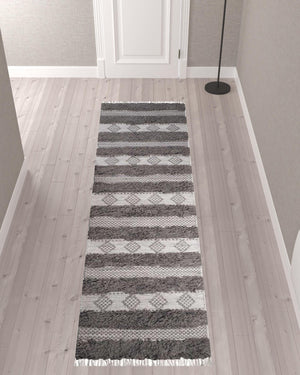 Homeroots 10' Grey And Silver Wool Striped Flatweave Handmade Stain Resistant Runner Rug With Fringe  Wool 487273