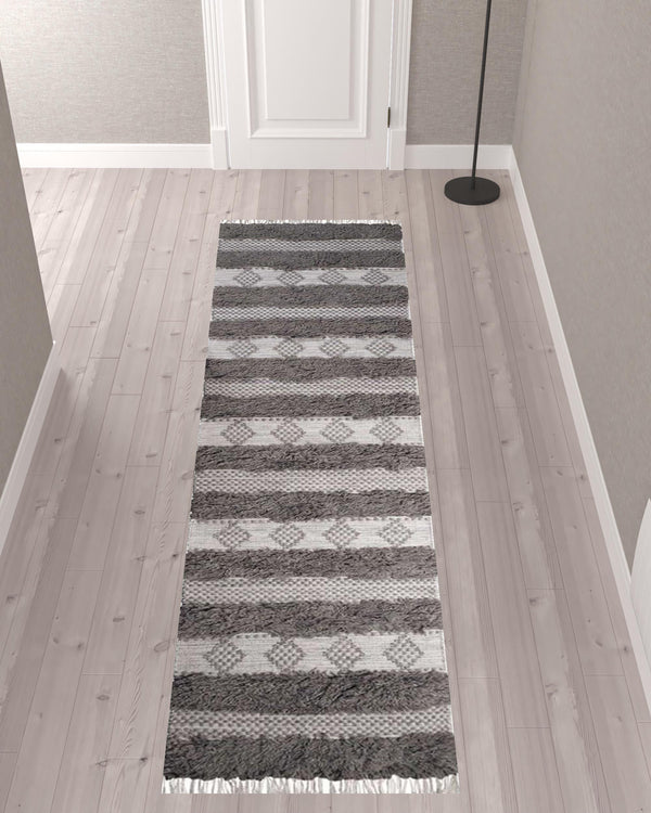 Homeroots 10' Grey And Silver Wool Striped Flatweave Handmade Stain Resistant Runner Rug With Fringe  Wool 487273