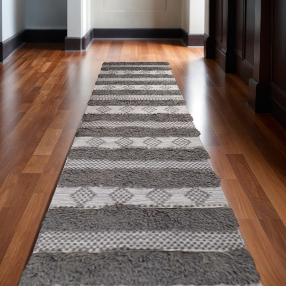 HomeRoots 10' Gray and Charcoal Wool Striped Shag Flatweave Handmade Rug with Fringe for Cozy Spaces 10' Runner 487273