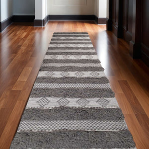 HomeRoots 10' Gray and Charcoal Wool Striped Shag Flatweave Handmade Rug with Fringe for Cozy Spaces 10' Runner 487273
