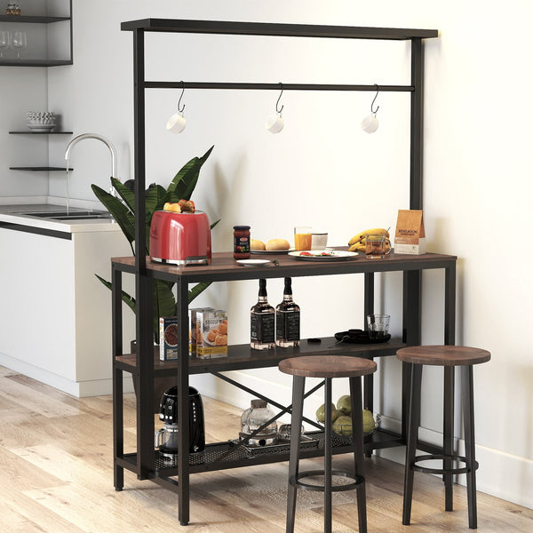 English Elm kitchen Island Table 3-Tier Bakers Rack with Microwave Shelf, Wood Grain Top, Metal Frame, Hooks & Stools Storage W331S00183