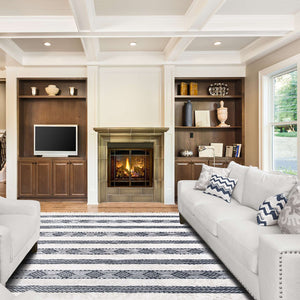 Homeroots 4' X 6' Black And Ivory Wool Striped Flatweave Handmade Stain Resistant Area Rug With Fringe  Wool 487275