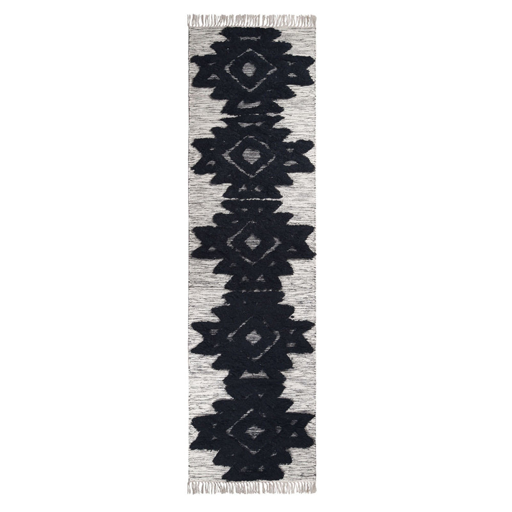 Homeroots 10' Black And Ivory Wool Geometric Flatweave Handmade Stain Resistant Runner Rug With Fringe  Wool 487287