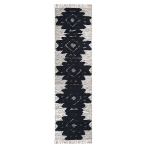 Homeroots 10' Black And Ivory Wool Geometric Flatweave Handmade Stain Resistant Runner Rug With Fringe  Wool 487287