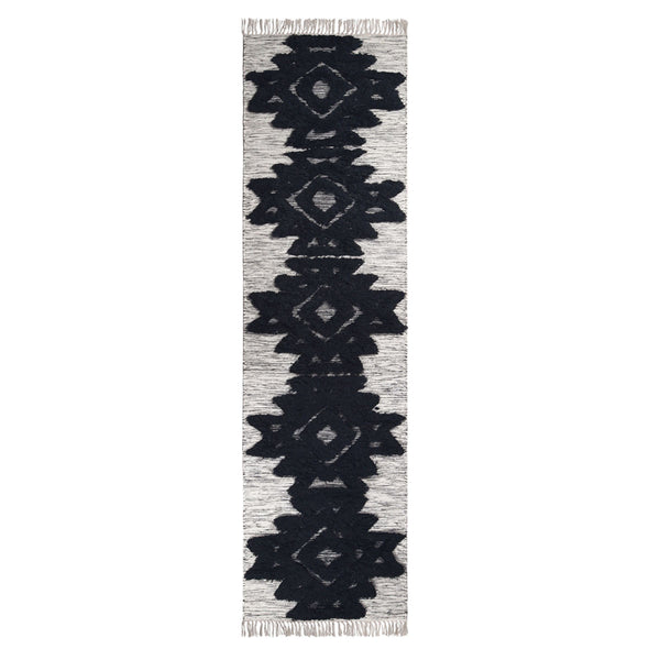 Homeroots 10' Black And Ivory Wool Geometric Flatweave Handmade Stain Resistant Runner Rug With Fringe  Wool 487287