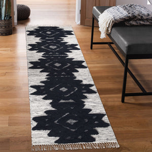 Homeroots 10' Black And Ivory Wool Geometric Flatweave Handmade Stain Resistant Runner Rug With Fringe  Wool 487287