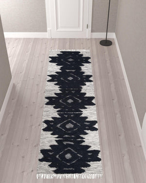 Homeroots 10' Black And Ivory Wool Geometric Flatweave Handmade Stain Resistant Runner Rug With Fringe  Wool 487287