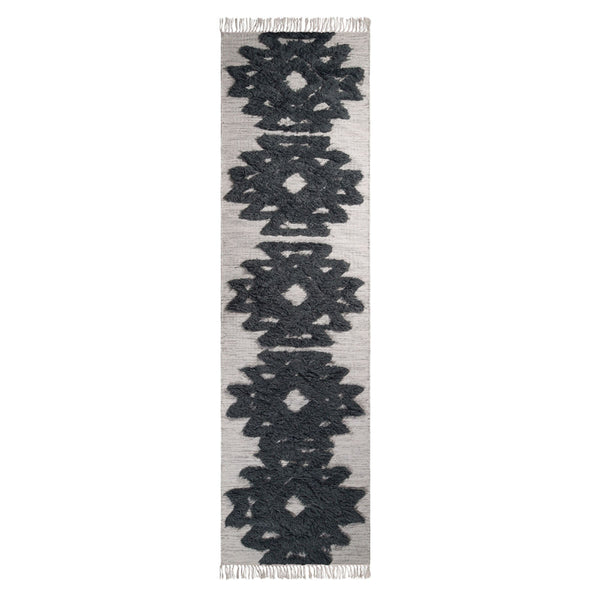 Homeroots 10' Ivory And Charcoal Wool Geometric Flatweave Handmade Stain Resistant Runner Rug With Fringe  Wool 487288