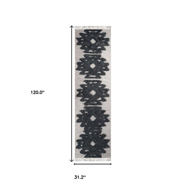 Homeroots 10' Ivory And Charcoal Wool Geometric Flatweave Handmade Stain Resistant Runner Rug With Fringe  Wool 487288