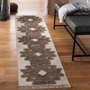 Homeroots 10' Sand And Taupe Wool Geometric Flatweave Handmade Stain Resistant Runner Rug With Fringe  Wool 487289