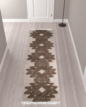 Homeroots 10' Sand And Taupe Wool Geometric Flatweave Handmade Stain Resistant Runner Rug With Fringe  Wool 487289